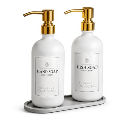 Fachixy White Glass Soap Dispenser 2 Pack, 16 Fl Oz, 14 Waterproof Labels | Rust-Resistant Stainless Steel Pump, Non-Slip Pad, Hand & Dish Soap Dispenser Bottles Set for Kitchen and Bathroom - color: White