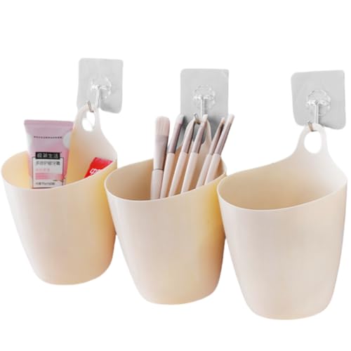 Wall Mounted Toothbrush Holder Hanging Bucket Wall Organizer Cup Holder for Tooth Brush,Electric Toothbrush,Toothpaste,Razor,Makeup Brush,Cosmetic,Hair Brush,Pen,Set of 3 - color: Apricot Color