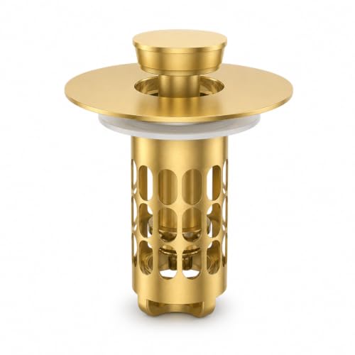 Snailhouse Bathroom Sink Stopper, Stainless Steel Pop Up Anti Clog Bathroom Sink Drain Strainer Plug with Brass Core and Removable Hair Catcher, Gold