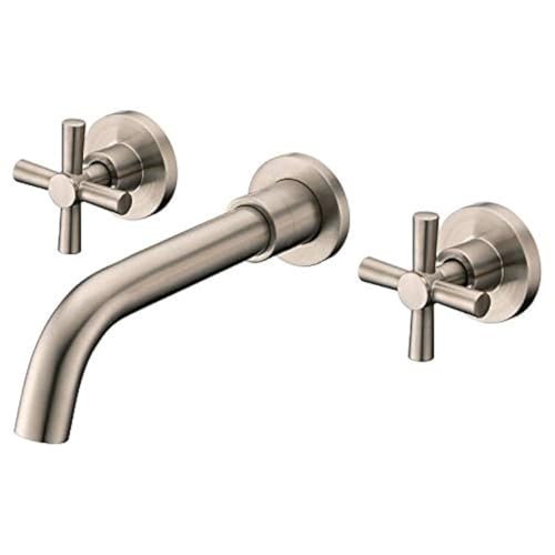 SUMERAIN Wall Mount Bathroom Sink Faucet, Brushed Nickel | Dual Cross Handles, Rough-in Valve Included, 360°Swivel Spout - color: Brushed Nickel