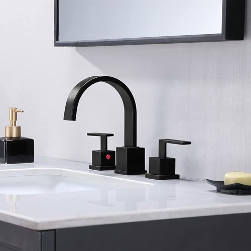 Matte Black Bathroom Faucet, Black Faucet Bathroom 3 Hole 8inch Widespread Waterfall 2 Handle Black Faucets Bathroom Sink Vanity Faucet with Pop Up Drain and Supply Lines - color: Matte Black