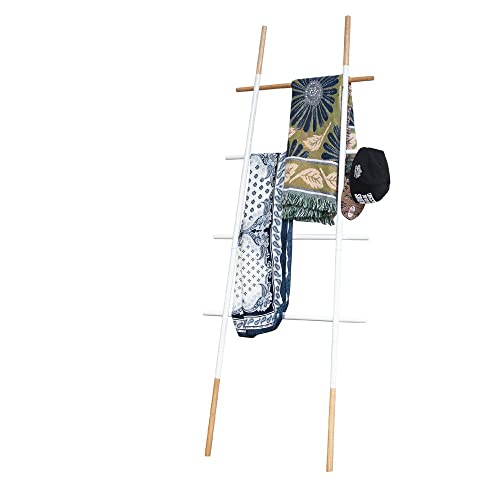 Freestanding Towel Ladder Rack, Space Saving, No-Scratch Wood, for Household Use, White - color: White