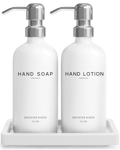 White Glass Soap and Lotion Dispenser Set by Brighter Barns - Bathroom Soap Dispenser Set Tray - Liquid Hand Soap Dispenser Pump - Modern Bathroom Accessories for Guest, Hotel, Spa, Restaurant (White) - color: Silver Sl