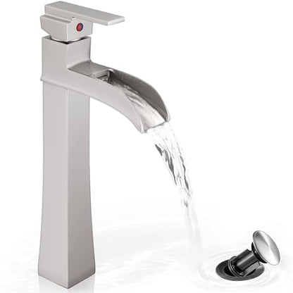 Brushed Nickel Bathroom Vessel Sink Faucet, 12 Inch Brass Waterfall Tall Bathroom Faucet 1 Hole with Drain, Single Handle for Countertop Vanity Modern Retro Farmhouse Bowl Sink, 5 Mins Install - color: Brushed Nickel - Modern