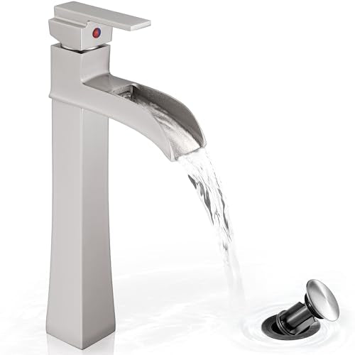 Brushed Nickel Bathroom Vessel Sink Faucet, 12 Inch Brass Waterfall Tall Bathroom Faucet 1 Hole with Drain, Single Handle for Countertop Vanity Modern Retro Farmhouse Bowl Sink, 5 Mins Install - color: Brushed Nickel - Modern