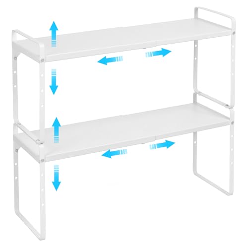 15.5 to 25.5 Inch Expandable Kitchen Cabinet Organizer Shelf, 30 LBS Heavy Duty Stackable Kitchen Counter Storage Shelves Organizers, 2 Pack Adjustable Small Storage Shelf Rack For Cabinet Cupboard - color: White, size: 2 Pack:15.5"-25.5"Long