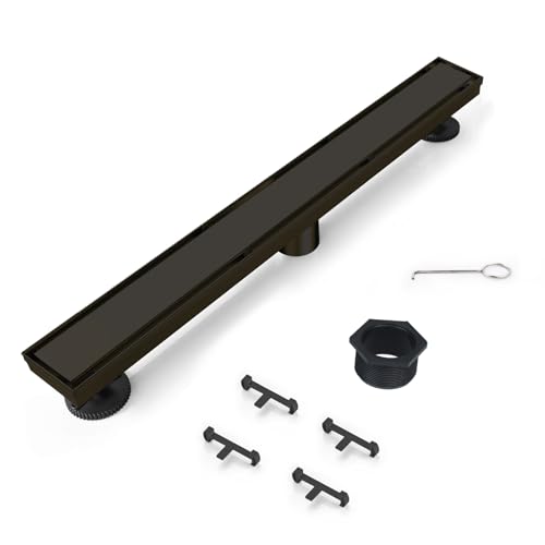 Linear Shower Drain 24 inch Matte Black with Tile Insert Grate | AISI 304 Stainless Steel Black Linear Drain Rectangle Shower Floor Drain with Hair Strainer and Leveling Feet - color: Black, size: 24 inch