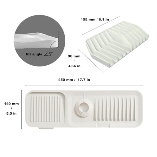 Kitchen Silicone Sink Splash Guard, 5° Slope Type Design Sink Mat,Sink Faucet Handle Drip Catcher Tray Mat Protectors,Sponge Holder and Bathroom Countertop Protect(include 1pcs extra storage mat)