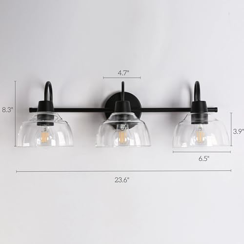 KSANA Black Bathroom Light Fixtures, Modern Farmhouse Vanity Lights Over Mirror 3-Light Bathroom Wall Mounted Sconce with Dome Glass Shade - size: 3-Light