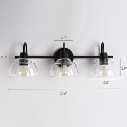KSANA Black Bathroom Light Fixtures, Modern Farmhouse Vanity Lights Over Mirror 3-Light Bathroom Wall Mounted Sconce with Dome Glass Shade - size: 3-Light