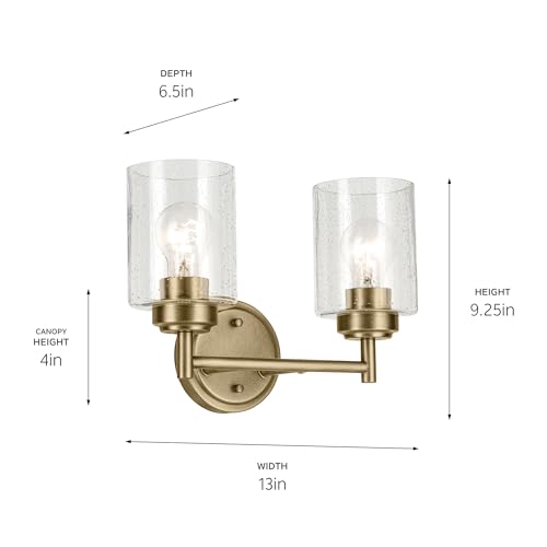 Kichler Winslow 2-Light Farmhouse Vanity Light, Natural Brass | Clear seeded glass vanity light with industrial styling (13" x 9.25" x 6.5"), 45885NBR - color: Natural Brass, size: 13"