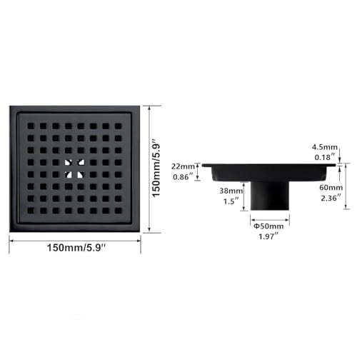 RANDOM Matte Black Square Shower Drain 6 Inch Drain Cover 304 Stainless Steel Floor Drain Grate with Removable Hair Strainer,6" Black Shower Drain - color: C-matte Black-6″ Square