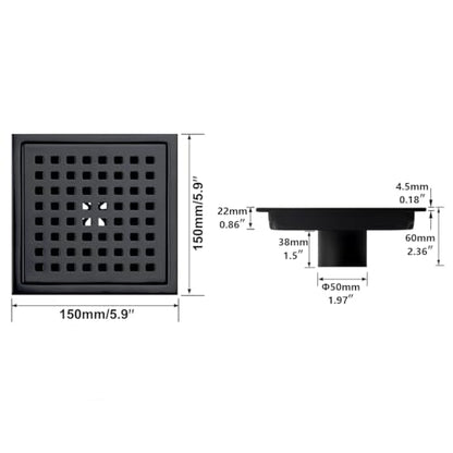 RANDOM Matte Black Square Shower Drain 6 Inch Drain Cover 304 Stainless Steel Floor Drain Grate with Removable Hair Strainer,6" Black Shower Drain - color: C-matte Black-6″ Square
