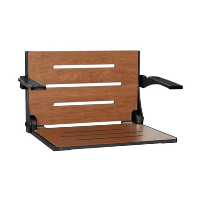 Seachrome Silhouette Comfort Folding Wall Mount Shower Bench Seat with Arms, Rustic Teak Seat with Matte Black Frame - color: Rustic Teak With Matte Black Frame