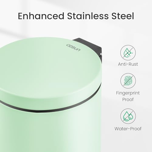 Cesun Small Round Bathroom Trash Can with Lid Soft Close, 1.2 Gal, Green | Removable Inner Bucket, Stainless Steel Garbage Can for Bedroom/Office, Hands-Free Step Pedal, Fingerprint-Resistant - color: Green