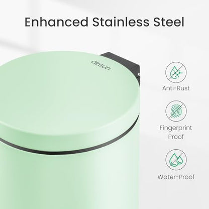 Cesun Small Round Bathroom Trash Can with Lid Soft Close, 1.2 Gal, Green | Removable Inner Bucket, Stainless Steel Garbage Can for Bedroom/Office, Hands-Free Step Pedal, Fingerprint-Resistant - color: Green