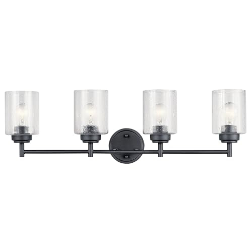 Kichler Winslow 4-Light Farmhouse Vanity Light, Black | Clear seeded glass vanity light with industrial styling (30" x 9.25" x 6.5"), 45887BK - color: Black, size: 30"