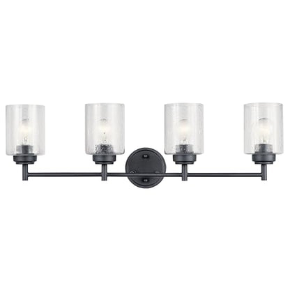Kichler Winslow 4-Light Farmhouse Vanity Light, Black | Clear seeded glass vanity light with industrial styling (30" x 9.25" x 6.5"), 45887BK - color: Black, size: 30"