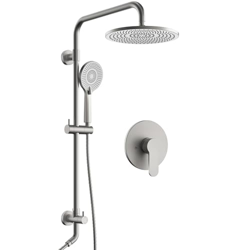 10 Inch High Pressure Rainfall Shower System with Slide Bar, Wall Mount Bathroom Round Shower Faucet Set with Valve, Brushed Nickel - color: Brushed Nickel