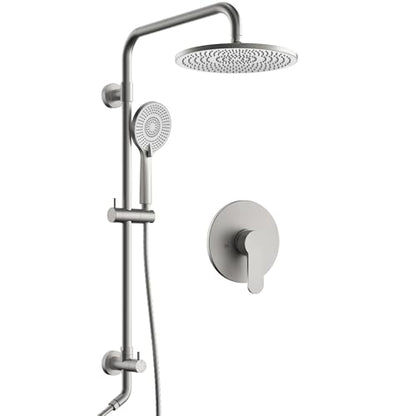 10 Inch High Pressure Rainfall Shower System with Slide Bar, Wall Mount Bathroom Round Shower Faucet Set with Valve, Brushed Nickel - color: Brushed Nickel