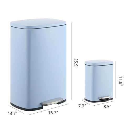 happimess Connor 2-Piece Iron Trash Can, Tide Pool Blue | 13.2 And 1.3 Gallons, Rectangular, Soft-Close Lid, Step Pedal, 20 Liners, 26" And 12" Height - color: Tide Pool Blue