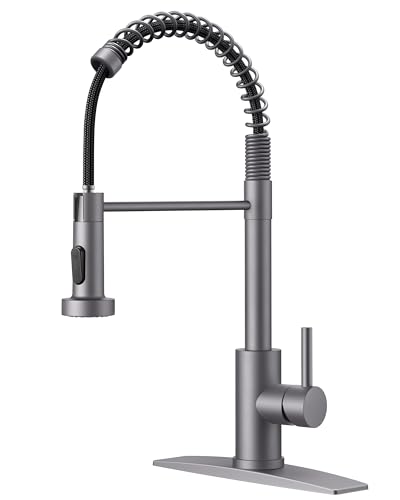 FORIOUS Kitchen Sink Faucet, Pull Down Sprayer, Classic High Arc, Grey | Lead-Free Stainless Steel, Single Handle Commercial Spring Kitchen Faucets for Laundry Utility Room, Outdoor Farmhouse Camper - color: Gray