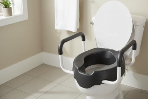 KMINA 4 Inch Soft Raised Toilet Seat with Handles and Lid, 220 lb Capacity, Fits Round & Compact Elongated Bowls up to 15" Wide, Tool-Free Clamp-On Riser, Black | Toilet Booster for Elderly, Seat Adapter with Armrests, Soft Foam, Adjustable Anchors, Easy