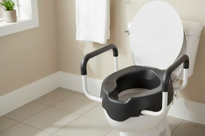 KMINA 4 Inch Soft Raised Toilet Seat with Handles and Lid, 220 lb Capacity, Fits Round & Compact Elongated Bowls up to 15" Wide, Tool-Free Clamp-On Riser, Black | Toilet Booster for Elderly, Seat Adapter with Armrests, Soft Foam, Adjustable Anchors, Easy
