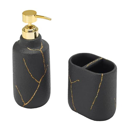 Nicole Miller - Bathroom Set, 2pc Resin Accessories, Toothbrush & Lotion Pump/Soap Dispenser, Dorm Room Essentials (Sydney Collection, Black/Gold) - size: 2 Pack Accessories