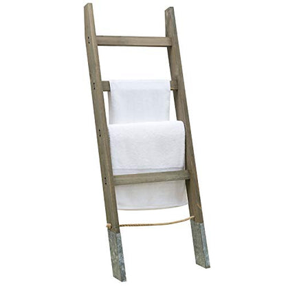 MyGift 55'' Wood Wall Leaning Blanket Ladder with 4 Rung, Farmhouse Living Room and Bathroom Towel Rack with Decorative Rustic Galvanized Silver Metal Legs and Rope - color: Gray Brown