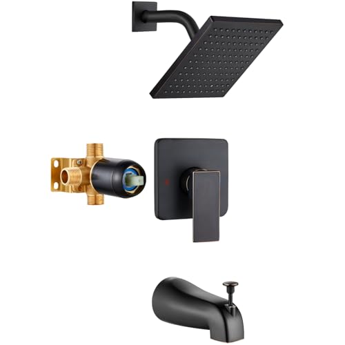 Heyalan 8 Inch Shower Set with Tub Spout and Valve, Oil Rubbed Bronze | 8-inch square rainfall head, tub spout with diverter, male-thread rough-in valve, single-handle control and wall-mount design - color: Oil Rubbed Bronze, size: 8 Inch Square Shower He