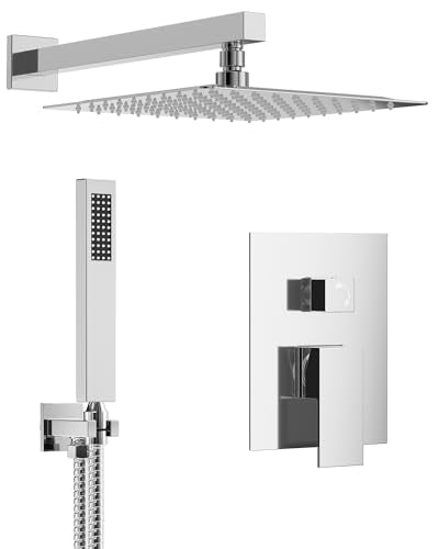 10" Shower System, Wall Mount Shower Faucet Set, Polished Chrome | Pressure-Balance Rough-In Valve Included, High Flow Square Rainhead, Stainless Steel Fixture for Bath Remodels - color: Polished Chrome
