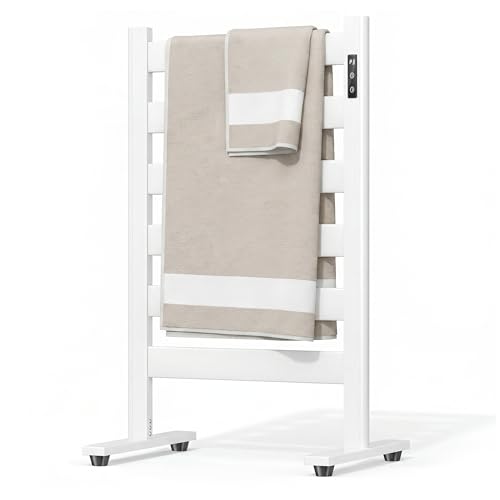6-Bar Freestanding Heated Towel Warmer with PTC Fast Heating | 170°F Adjustable Temperature, 2-12H Timer & Memory Function, Freestanding Design, Wide Bar Rack for Towels, Matte White - color: White