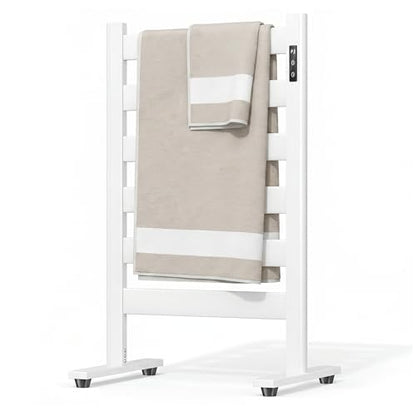 6-Bar Freestanding Heated Towel Warmer with PTC Fast Heating | 170°F Adjustable Temperature, 2-12H Timer & Memory Function, Freestanding Design, Wide Bar Rack for Towels, Matte White - color: White