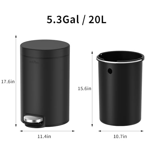 mVm Bathroom Trash Can,5.3 Gallon/20 Lliter Step Garbage Can with Lid and Foot Pedal,Soft-Close,Anti-Fingerprint.Round Stainless Steel Trash Can for Kitchen Bathroom,Office,Living Room (Matte Black) - color: Black, size: 5.3Gal/20L