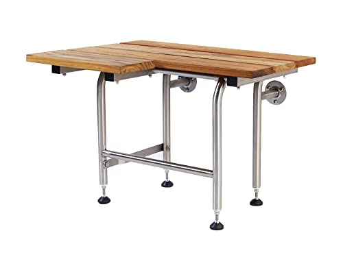 Teak Shower Bench with Legs | Folding Shower Chair for Elderly and Disabled, ADA Folding Shower Seat Wall Mounted Holds Upto 600lbs | 304 Stainless Steel Teak Shower Stool | 34.5" x21” Right Hand - size: 34.5 Right