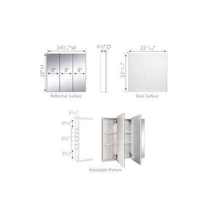 Design House Cyprus Bathroom Medicine Cabinet with Mirror, 25 Inch Recessed or Surface Mount Cabinet, 3 Frameless Mirrored Doors, 2 Shelves, White, Pre-Assembled, 597484 | Adjustable Shelves, Wall Mount, Contemporary/Modern, Wood, Bath, 597484 - size: 25