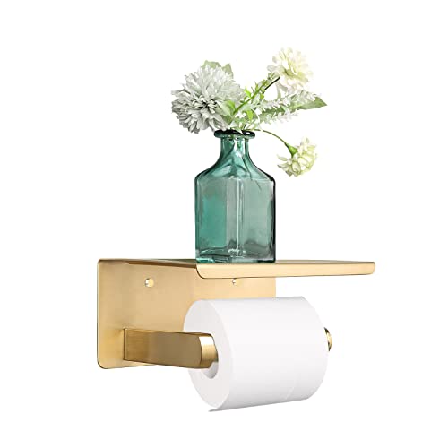 NearMoon Toilet Paper Holder with Shelf, Heavy Duty Bath Toilet Roll Holder with Phone Shelf Tissue Hanger for Bathroom/Kitchen No Drill or Wall Mounted(304 Stainless Steel, Brushed Gold) - color: Brushed Gold