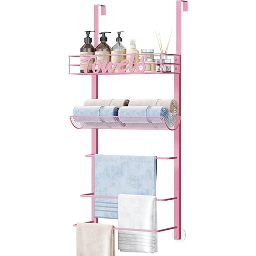 SWTYMIKI SWTYMIKI Over the Door Towel Racks for Bathroom - 5-Tier Wall Mounted Bathroom Towel Storage Organizer Holder with Metal Shelf, Pink - color: Pink