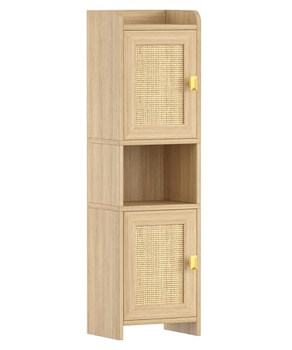 Akxomel 9.8''W Rattan Small Bathroom Storage Cabinet 2 Doors Oak | Small Bathroom Cabinet with Adjustable Shelf, Bathroom Organizer for Small Spaces, Wooden Corner Unit