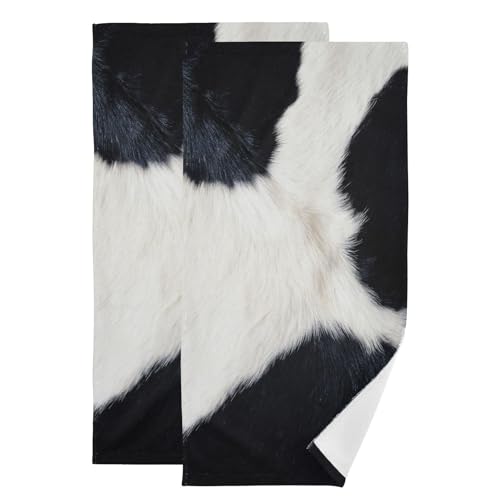 2 Pack Black White Cow Print Hand Towels for Bathroom,Soft Absorbent Western Cowhide Rustic Farm Animal Skin Decorative Guest Face Bathroom Towels,Quick Dry Cow Hide Kitchen Towels 14"x28" - color: Black White