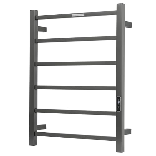 Electric Heated Towel Warmer - Wall Mounted Bathroom Towel Rack, Plug-in Design & Brushed Stainless Steel 6 Bar Gunmetal with Timer & Temperature Control - color: Square Gunmetal With Timer, size: 6 Bar