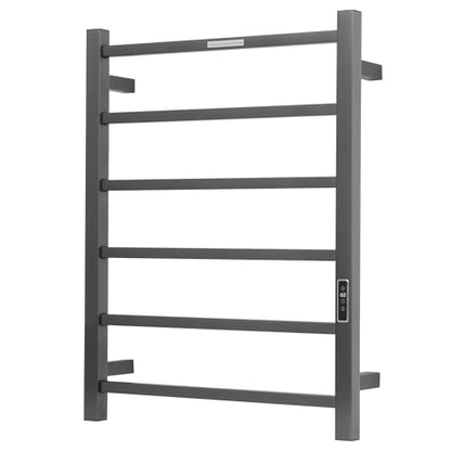 Electric Heated Towel Warmer - Wall Mounted Bathroom Towel Rack, Plug-in Design & Brushed Stainless Steel 6 Bar Gunmetal with Timer & Temperature Control - color: Square Gunmetal With Timer, size: 6 Bar