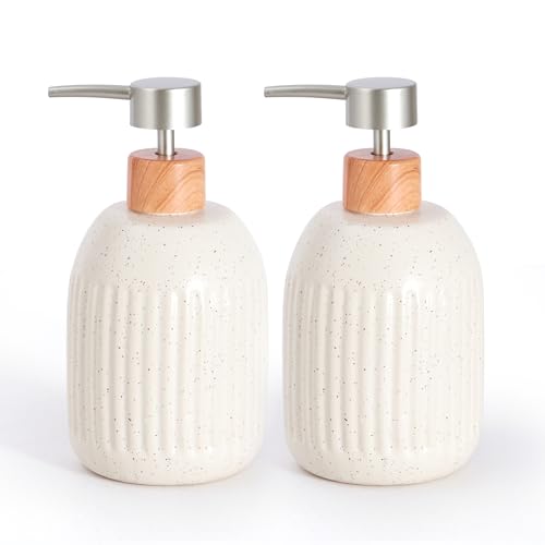 Ceramic Soap Dispenser, 16oz Rustic Dish Hand Soap Dispenser for Bathroom & Kitchen, Speckled Liquid Soap Pump Bottle for Shampoo, Lotion, Conditioner, Modern Farmhouse Bathroom Accessories - color: Ribbed-cream