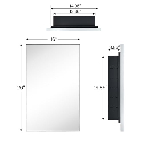 TEHOME Recessed Mount 16x26'' Squared Rectangle Silver Bathroom Medicine Cabinet with Mirror Silver Metal Framed Rectanglular Medicine Cabinet 2 Adjustable Glass Shelves - color: Sliver