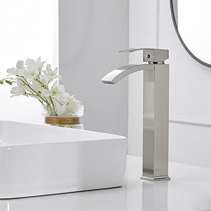 Brushed Nickel Vessel Sink Faucet, Waterfall Bathroom Faucets | Brass, Tall Spout, Single Handle 1 Hole Bathroom Faucet, Modern Basin Taps with Supply Line, Pop Up Drain, Without Overflow - color: Brushed Nickel, size: Tall