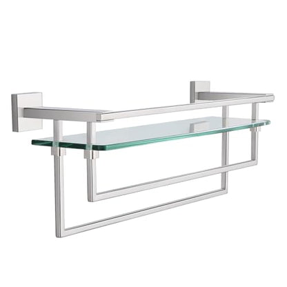 LANC Bathroom Shelf with Towel Bars - 20-Inch Silver Floating Tempered Glass Shelves with 2 Rails for Bathroom Kitchen Accessories Organizer Glass Rack Wall Mount Stainless Steel Chrome, A7617CP - color: Chrome Polished