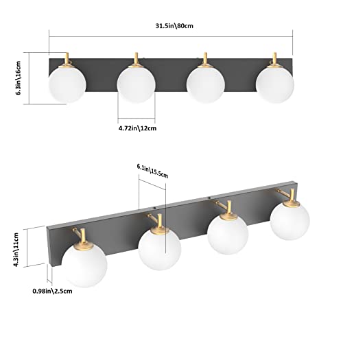Aipsun Mid Century Modern Vanity Light 4 Lights Milky Glass Modern Bathroom Light Fixtures Over Mirror(Exclude Bulb) - color: Black+Gold, size: 4 Lights