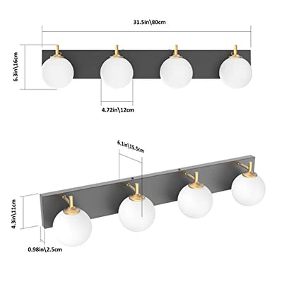 Aipsun Mid Century Modern Vanity Light 4 Lights Milky Glass Modern Bathroom Light Fixtures Over Mirror(Exclude Bulb) - color: Black+Gold, size: 4 Lights