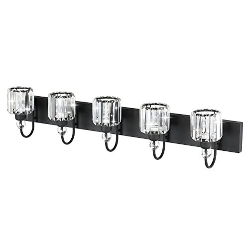 Ralbay Modern Crystal Black 5-Light Bathroom Vanity Light, Matte Black Crystal Bath Wall Light Fixtures - color: Round-Black, size: 5-light